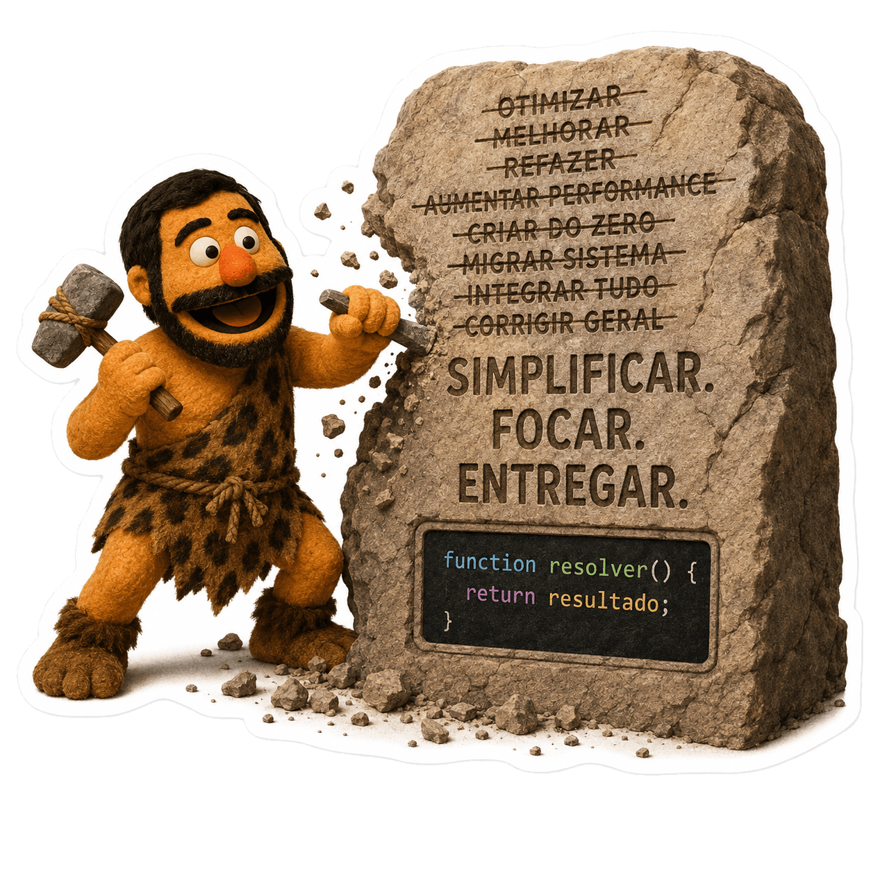Mascote vestido de homem das cavernas cinzelando um paredão de texto até sobrarem três palavras, com o trecho de código isolado e preservado