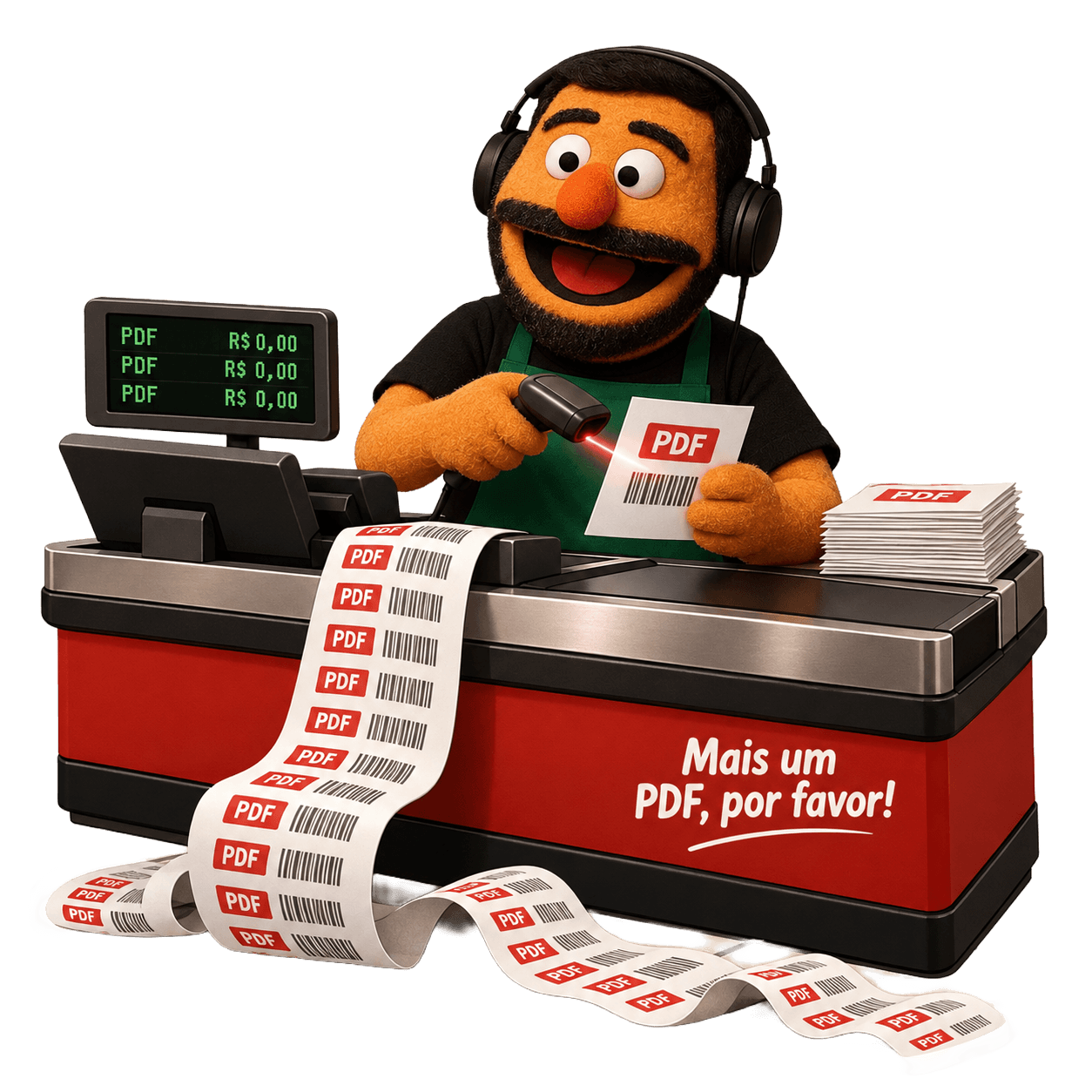 Mascote no caixa do mercado enquanto o mesmo PDF é bipado repetidas vezes e a nota fiscal se arrasta pelo chão