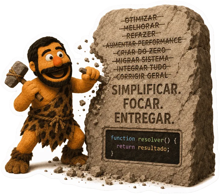 O Doug vestido de homem das cavernas cinzelando um paredão de texto até sobrarem três palavras, com o trecho de código preservado