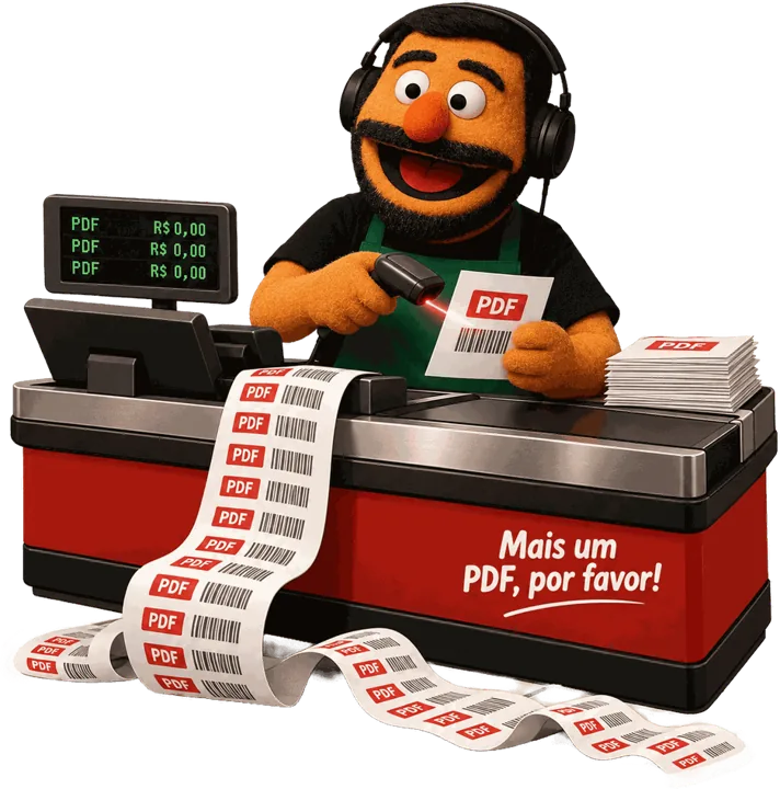 O Doug no caixa do mercado enquanto o mesmo PDF é bipado várias vezes e a nota fiscal se arrasta pelo chão