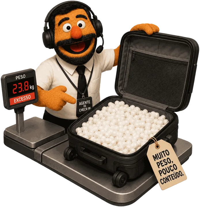 O Doug como agente de check-in mostrando que a mala pesada é quase toda enchimento