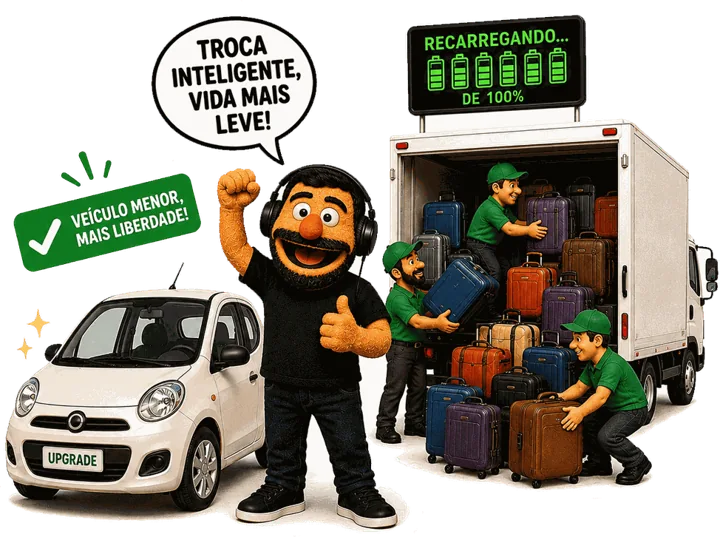 O Doug comemorando a troca por um carro menor enquanto carregadores recarregam toda a bagagem do zero atrás dele